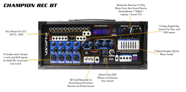 200W 4-CHANNEL MULTI-FORMAT PORTABLE P.A. SYSTEM WITH DIGITAL RECORDER AND 2 WIRELESS MICS